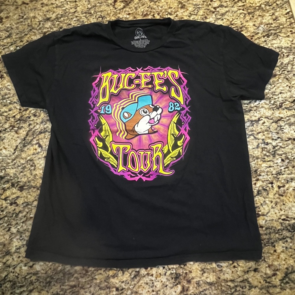 Buc-ee's Tour 1982-2021 Graphic T-Shirt Mens Large Black Cotton Neon Beaver Tee
